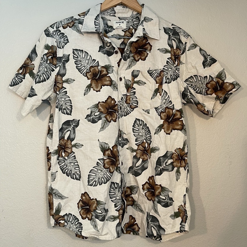 Hurley Men's Medium Floral Cream Hawaiian Shirt Button Up Short Sleeve Cotton